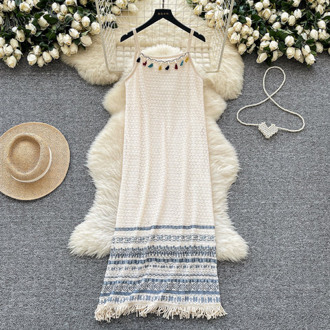 Bohemian Style Hollowed Fringed Slip Dress