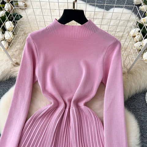 Round Collar Pleated Sweater Dress