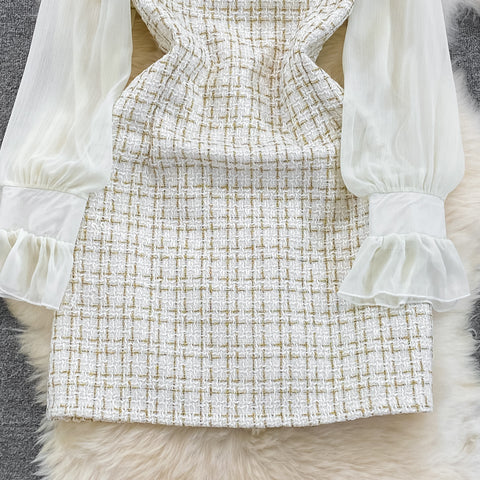 Tweed Patchwork Chiffon Shirt Dress