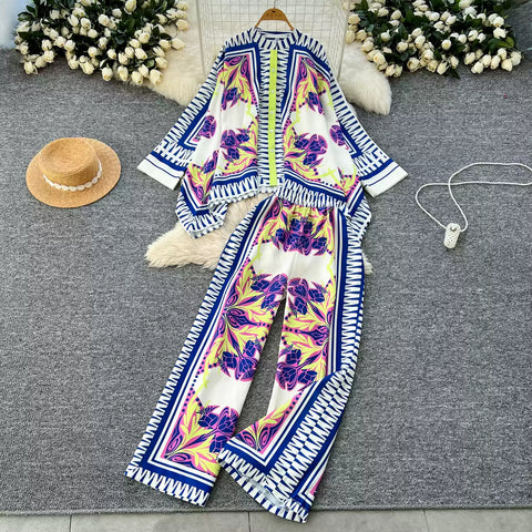 Bat Sleeve Top & Trousers Ethnic Printed 2Pcs