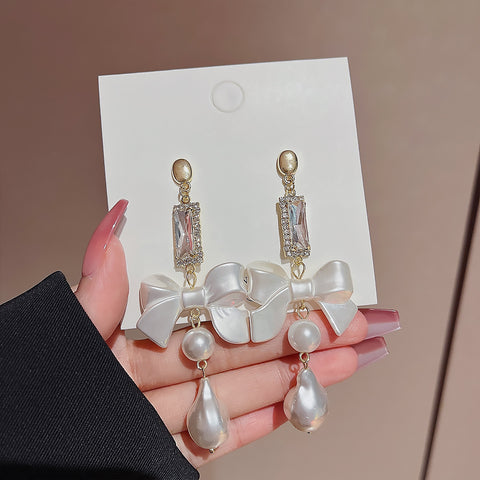 Crystal Beads Bow Pearl Earrings