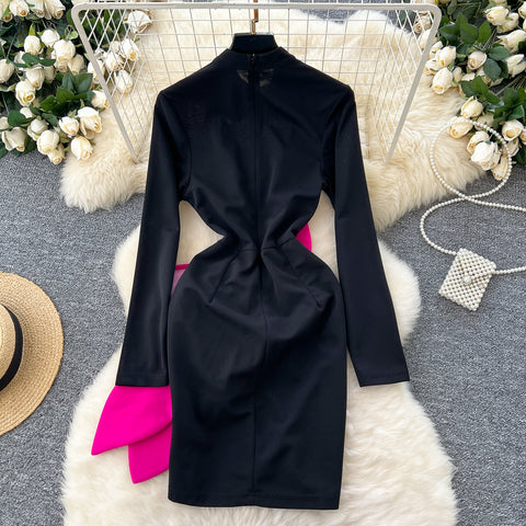 3D Rose Rhinestone Studded Black Dress