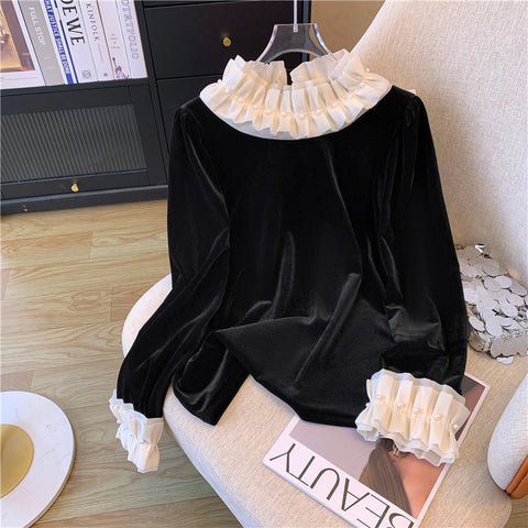 Ruffled Collar Black Velvet Top