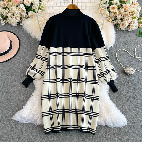 Plaid Knitted Patchwork Drawstring Dress