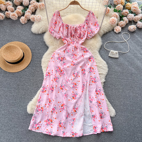 Ruffled Neckline Floral Split Dress