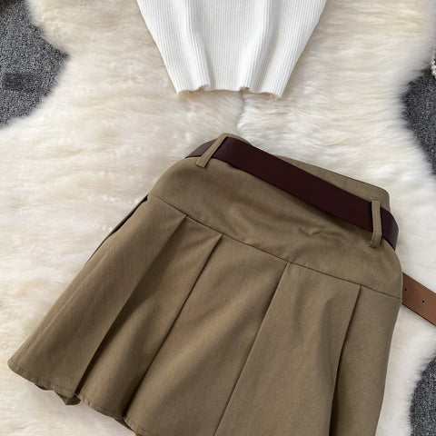 Hollowed Knitwear&Pleated Skirt 2Pcs