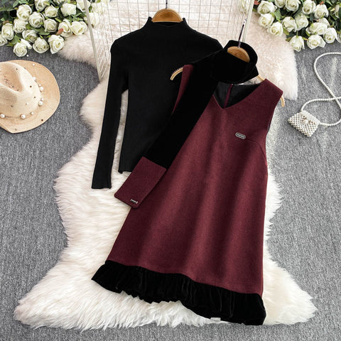 Patchwork Vest Dress&Black Sweater 2Pcs