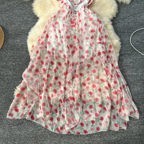 Irregular Design Fairy Floral Halter Dress