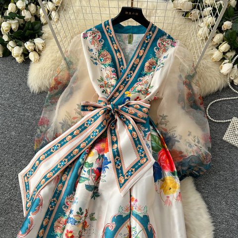 Courtly Lace-up Floral Printed Dress