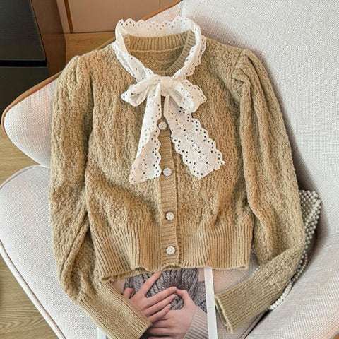 Lace Bow-tie Christmas Red Cardigan