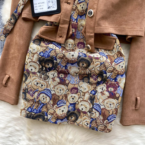 Bear Jacquard Slip Dress&Suede Jacket 2Pcs