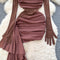 Ruffled Hem Brown Mesh Dress