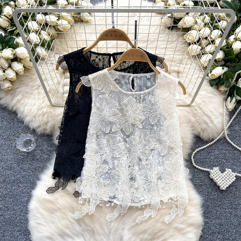 French Style 3d Floral Embroidered Top