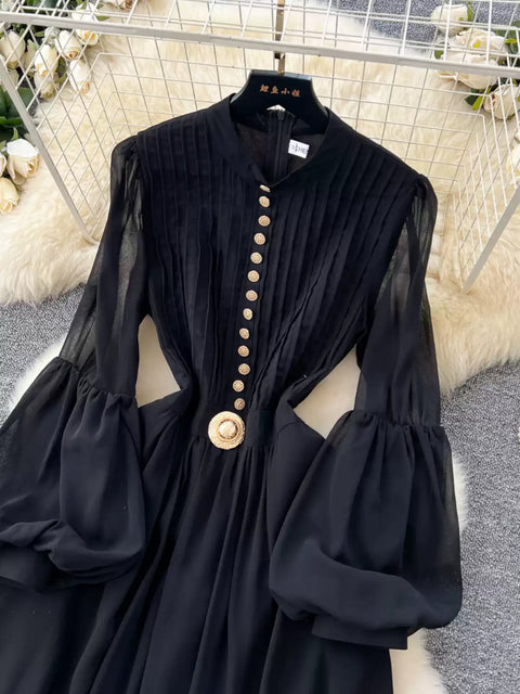 Elegant Metal Button Black Chiffon Dress