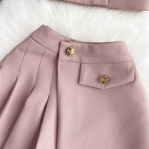 V-neck Blazer&Pleated Skirt 2Pcs