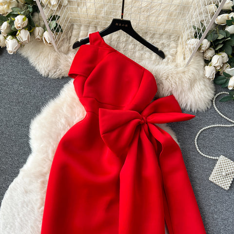 Slant Neckline Large Bow Dress