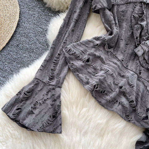 Irregular Design Ruffled Ripped Top