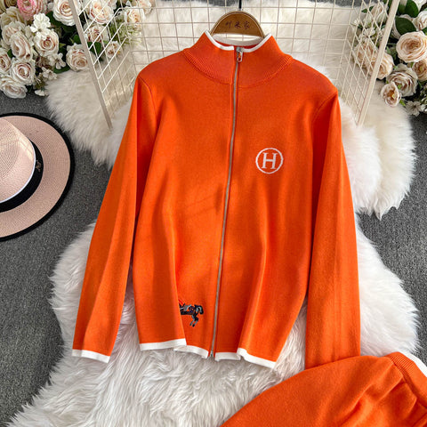 Zipped Cardigan&Wide-leg Trousers 2Pcs