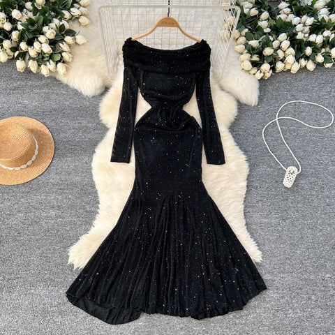 Delicate Sequined Black Fishtail Dress