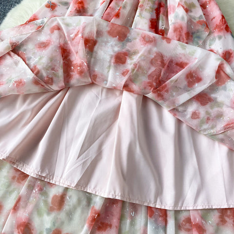 Sequined Floral Printed Ruffled Dress