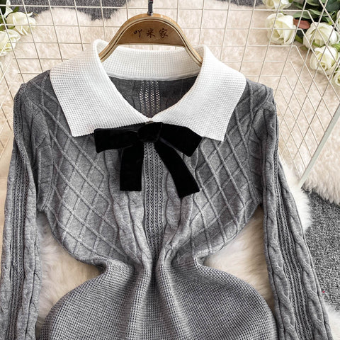 Uniform Style Bow-tie Knitted Dress
