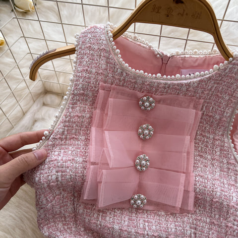 Sweetie Round Collar Pink Tweed Dress