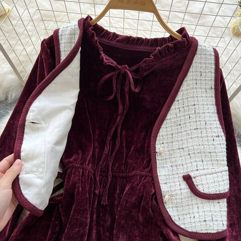 Lace-up Corduroy Dress&Jacquard Vest 2Pcs