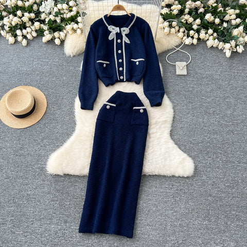 Beaded Cardigan&Slim Skirt Knitted 2Pcs