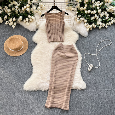 Camisole&Skirt Plaid Knitted 2Pcs