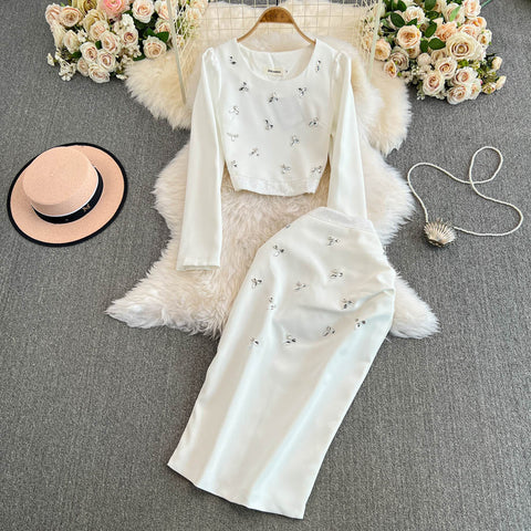 Rhinestone Studded Sweater&Skirt 2Pcs