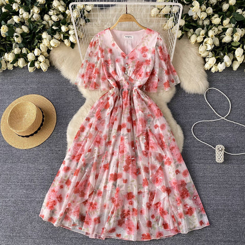 Sequined Floral Printed Ruffled Dress
