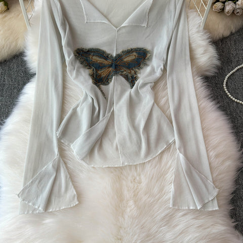 Butterfly Patched Sunscreen Mesh Top