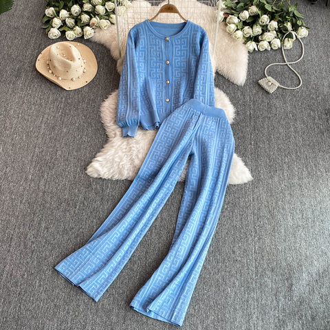 Crochet Cardigan&Wide-leg Trousers 2Pcs
