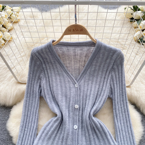 V-neck Cardigan&Pleated Skirt 2Pcs