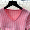 Korean Style V-neck Pink Knitted Dress