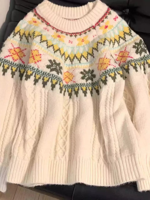 Ethnic Style Jacquard Crew Neck Sweater