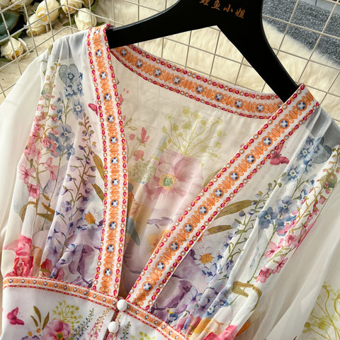 Courtly Deep V-neck Floral Shirt Dress