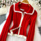 Lapel Double Zipped Red Cardigan