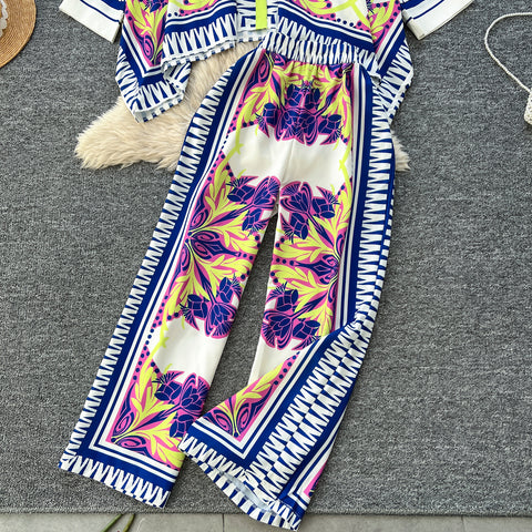 Bat Sleeve Top & Trousers Ethnic Printed 2Pcs
