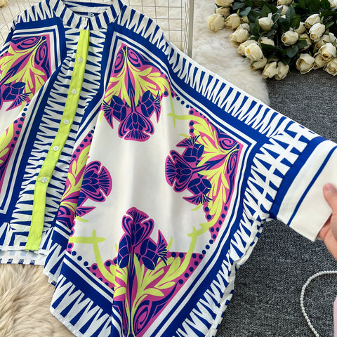 Bat Sleeve Top & Trousers Ethnic Printed 2Pcs