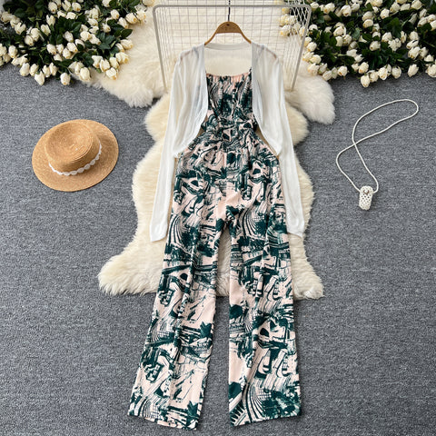 White Cardigan&Floral Jumpsuit 2Pcs