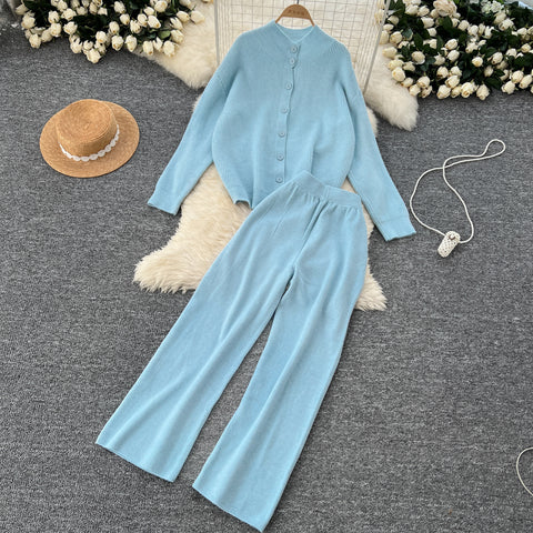 Turtleneck Cardigan&Wide-leg Trousers 2Pcs