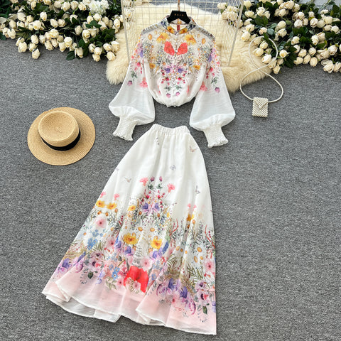 Flared-sleeve Shirt & Skirt Floral 2Pcs