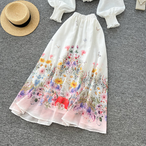 Flared-sleeve Shirt & Skirt Floral 2Pcs
