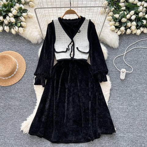 Lace-up Corduroy Dress&Jacquard Vest 2Pcs
