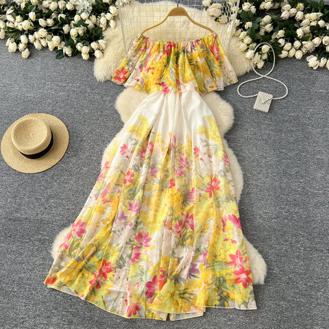 Off-shoulder Floral Printed Chiffon Dress