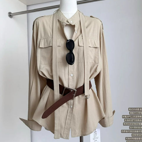 Lace-up Shirt & Khaki Shorts 2Pcs