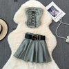 Lace-up Top&Pleated Skirt Denim 2Pcs