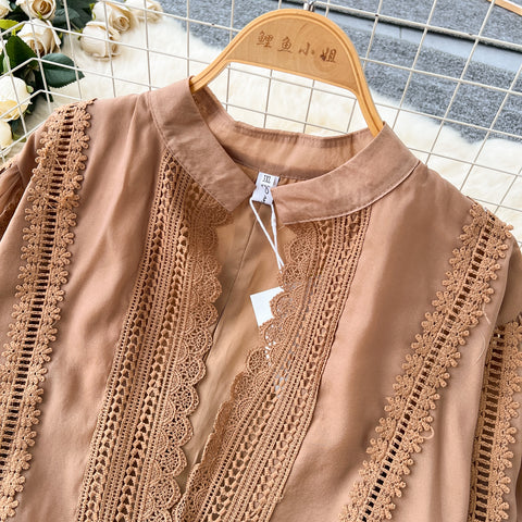 V-neck Shirt&Skirt Lace Patchwork 2Pcs