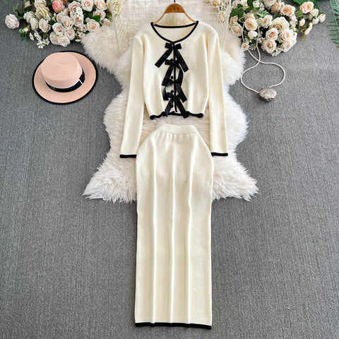Lace-up Cardigan&Half-body Skirt 2Pcs